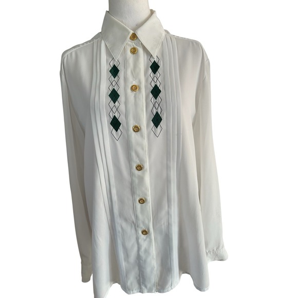 Givenchy En Plus Vintage Blouse. Pleated & Embroidered Front, Gold Buttons, Sz12 - Picture 1 of 10